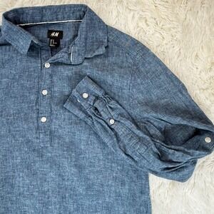 H&M Linen Blend Chambray Shirt Medium Blue Roll Tab Long Sleeve‎ Button Top